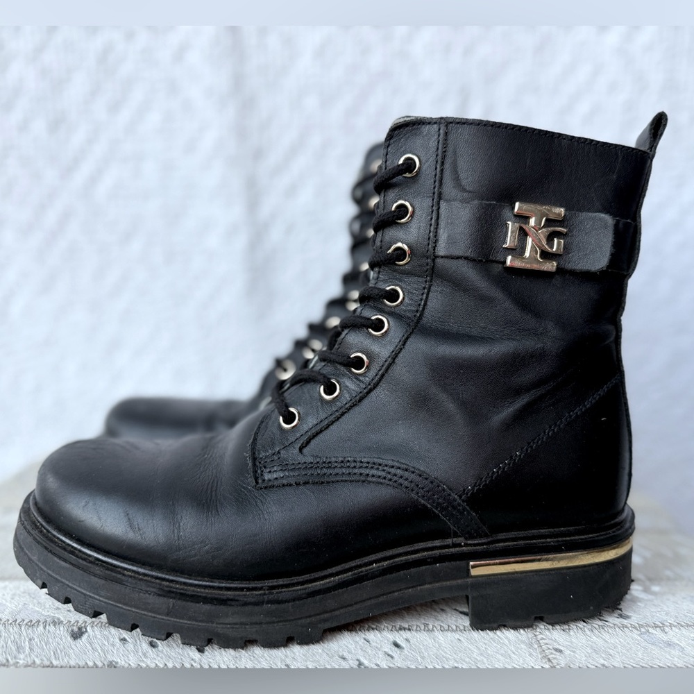 NeroGiardini Black Leather Combat Boots Gold Hardware EU 36